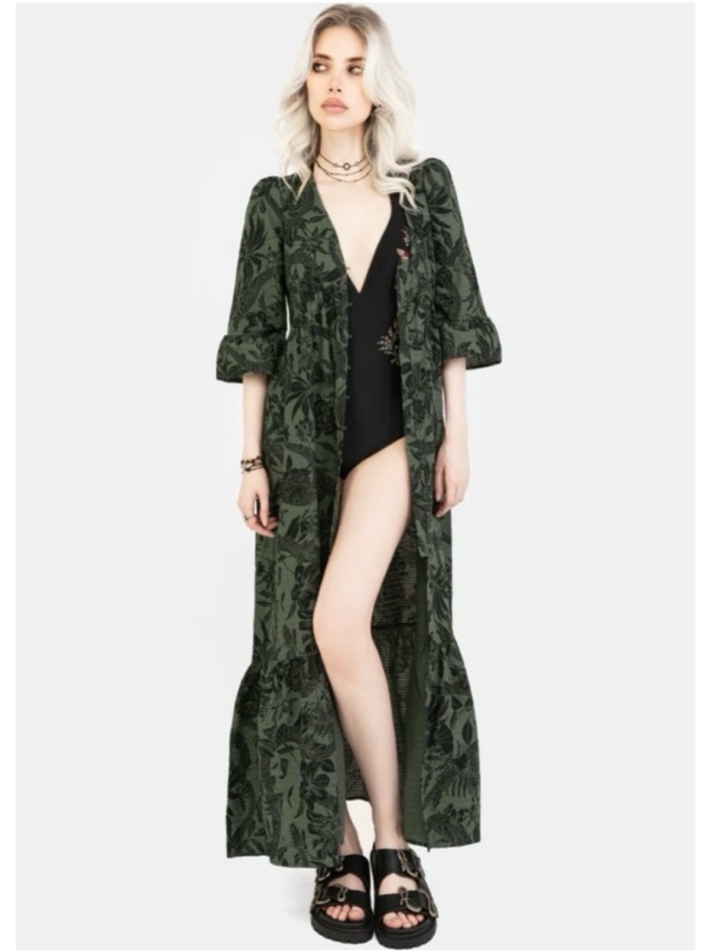 Disturbia Bashe Cotton Midaxi Shirt Dress Olive Green Floral Snake - Picture 6 of 6